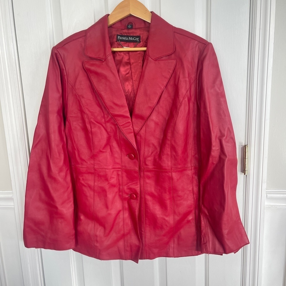 Pamela McCoy Jacket 1X Red Leather Button Front Pockets Lined